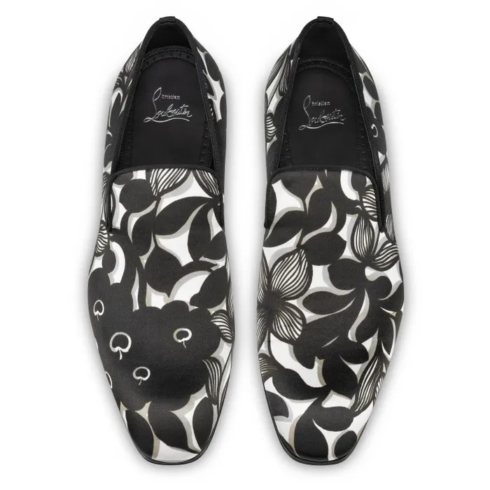 Men Dandelion Loafers 8211 Petunia Printed Crepe Satin 8211 Black Christian Louboutin Loafers and Moccasins