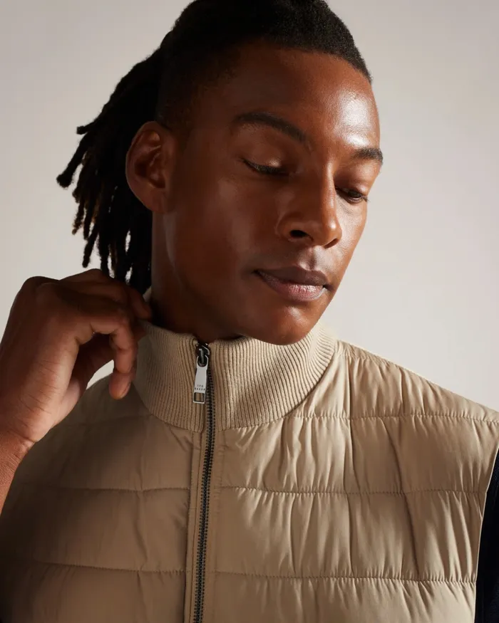 Men DEJAS 8211 Funnel Neck Gilet With Knitted Back Natural Ted Baker Jumpers and Knitwear Men DEJAS 8211 Funnel Neck Gilet With Knitted Back Natural Ted Baker Jumpers and Knitwear