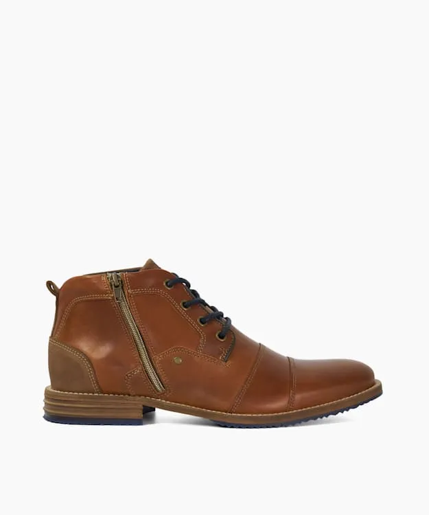 Men Dune London Casual Boots Double Toe Cap Detail Leather Boots Brown