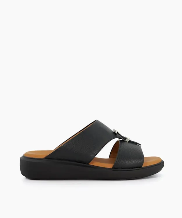 Men Dune London Leather Sandals Open Toe Wedge Sole Slip Ons Black