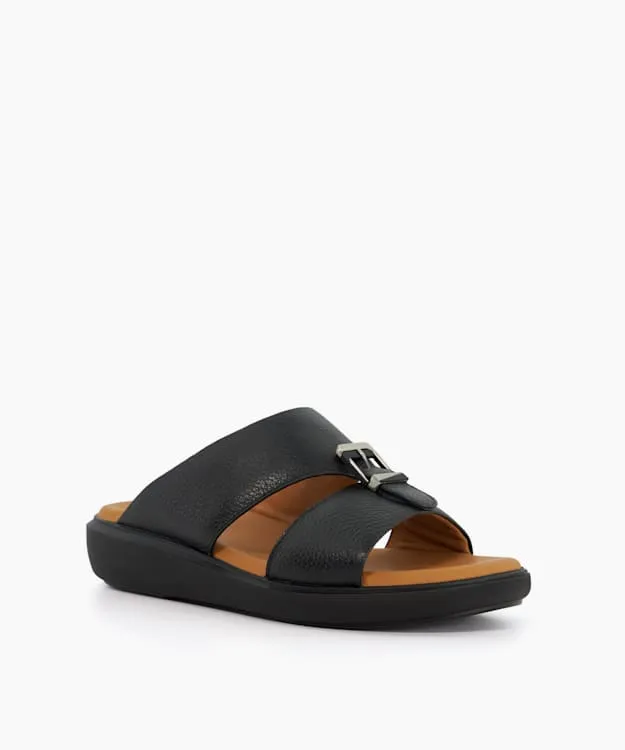 Men Dune London Leather Sandals Open Toe Wedge Sole Slip Ons Black
