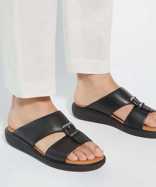 Men Dune London Leather Sandals Open Toe Wedge Sole Slip Ons Black