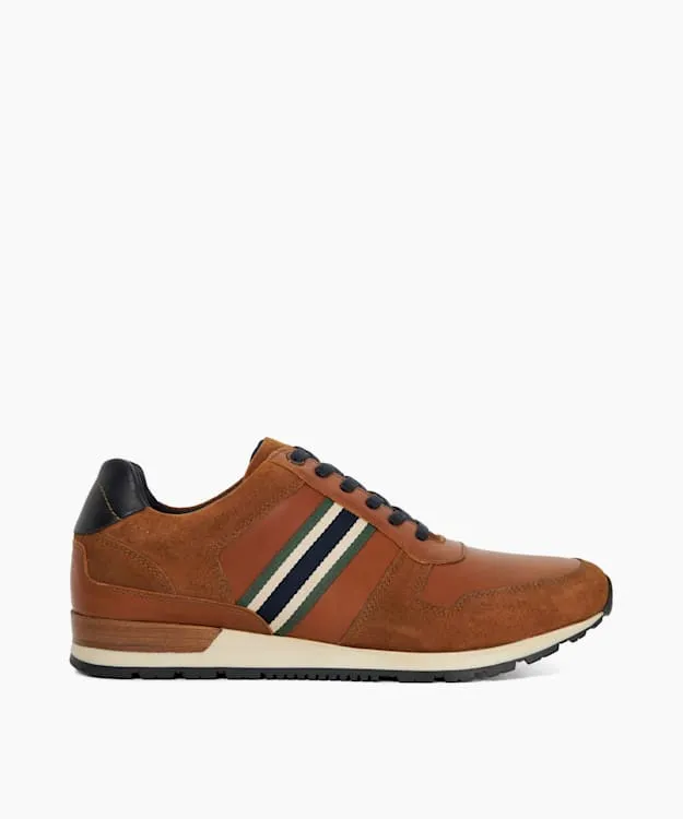 Men Dune London Trainers Leather Trainers With Canvas Stripe Brown
