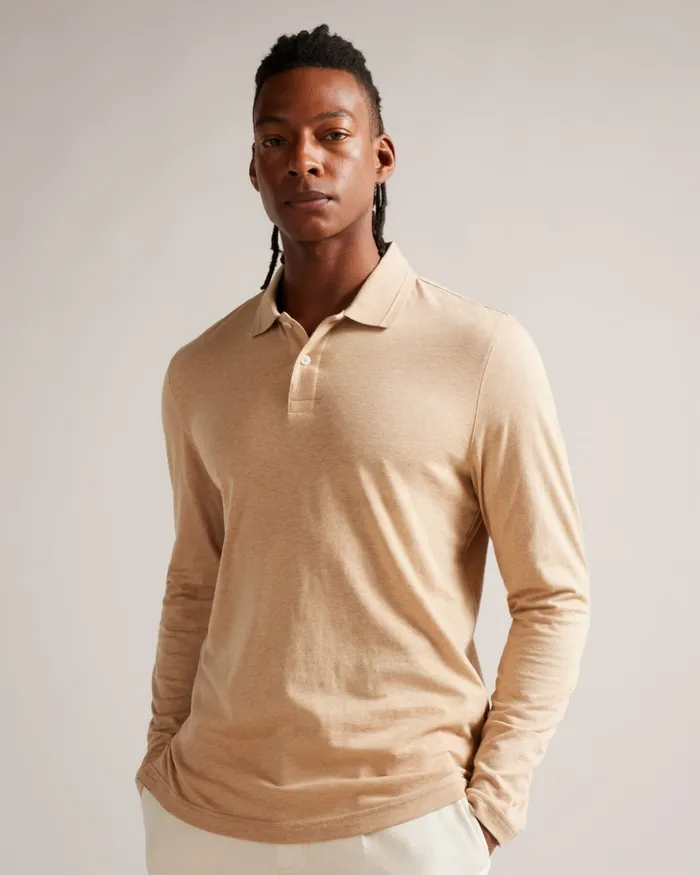 Men ENIO 8211 Long Sleeve Cashmere Blend Polo Shirt Camel Ted Baker Polo Shirts