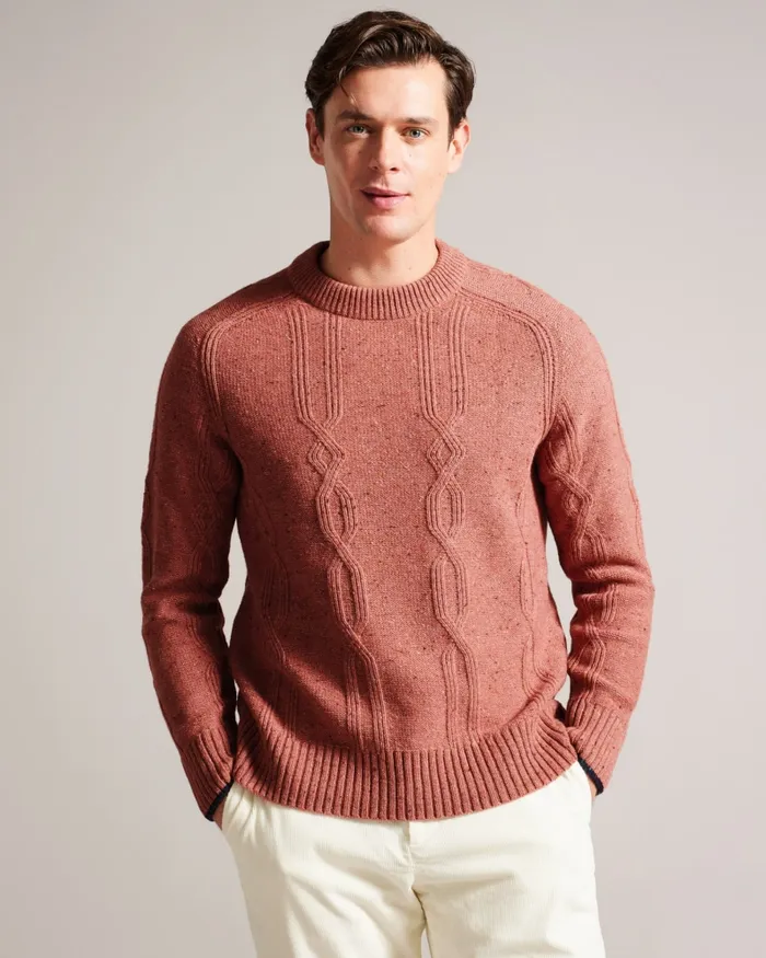 Men ENROE 8211 Crew Neck Jumper With Cable Detail Medium Pink Ted Baker Jumpers and Knitwear Men ENROE 8211 Crew Neck Jumper With Cable Detail Medium Pink Ted Baker Jumpers and Knitwear