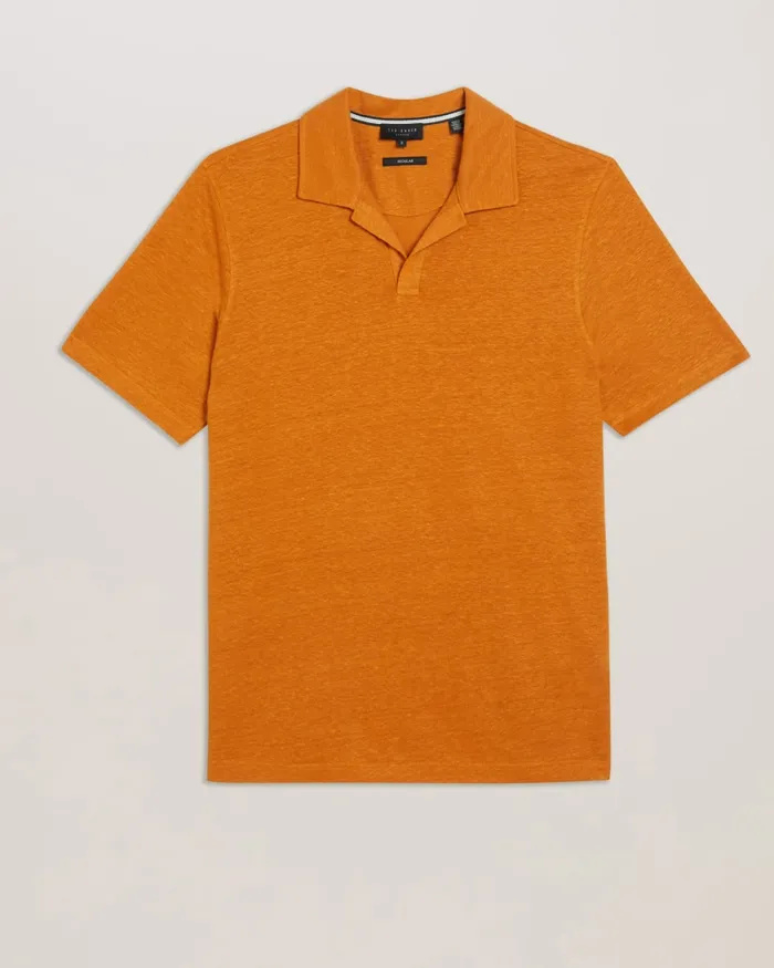 Men FLINPO 8211 Linen Revere Collar Polo Shirt Medium Orange Ted Baker Tops