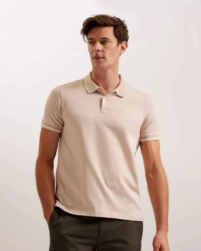Men HELTA 8211 Stripe Detail Slim Fit Polo Shirt Taupe Ted Baker Polo Shirts