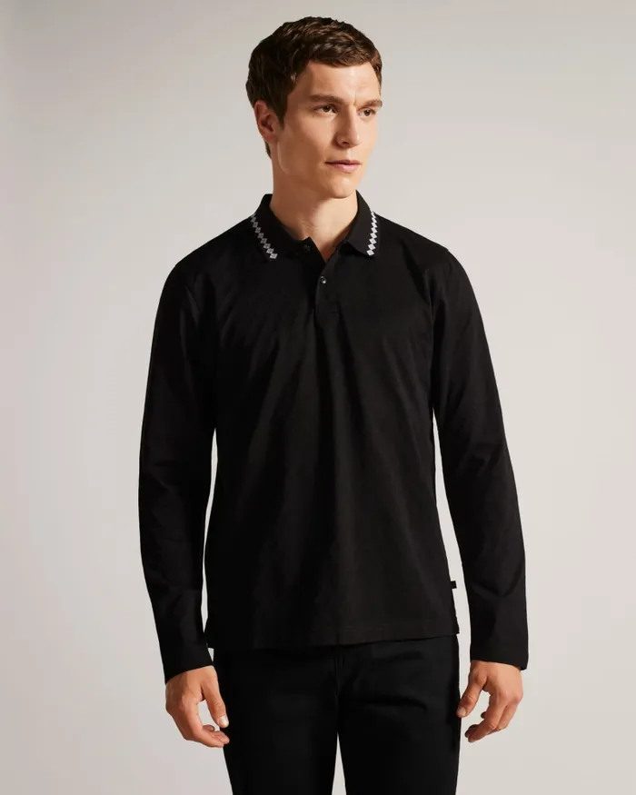 Men HOLROOD 8211 Long Sleeve Argyle Polo Shirt Black Ted Baker Tops Men HOLROOD 8211 Long Sleeve Argyle Polo Shirt Black Ted Baker Tops