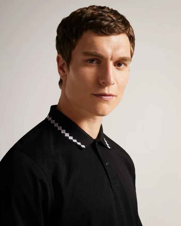 Men HOLROOD 8211 Long Sleeve Argyle Polo Shirt Black Ted Baker Tops Men HOLROOD 8211 Long Sleeve Argyle Polo Shirt Black Ted Baker Tops