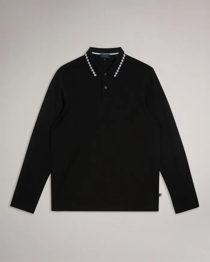 Men HOLROOD 8211 Long Sleeve Argyle Polo Shirt Black Ted Baker Tops Men HOLROOD 8211 Long Sleeve Argyle Polo Shirt Black Ted Baker Tops