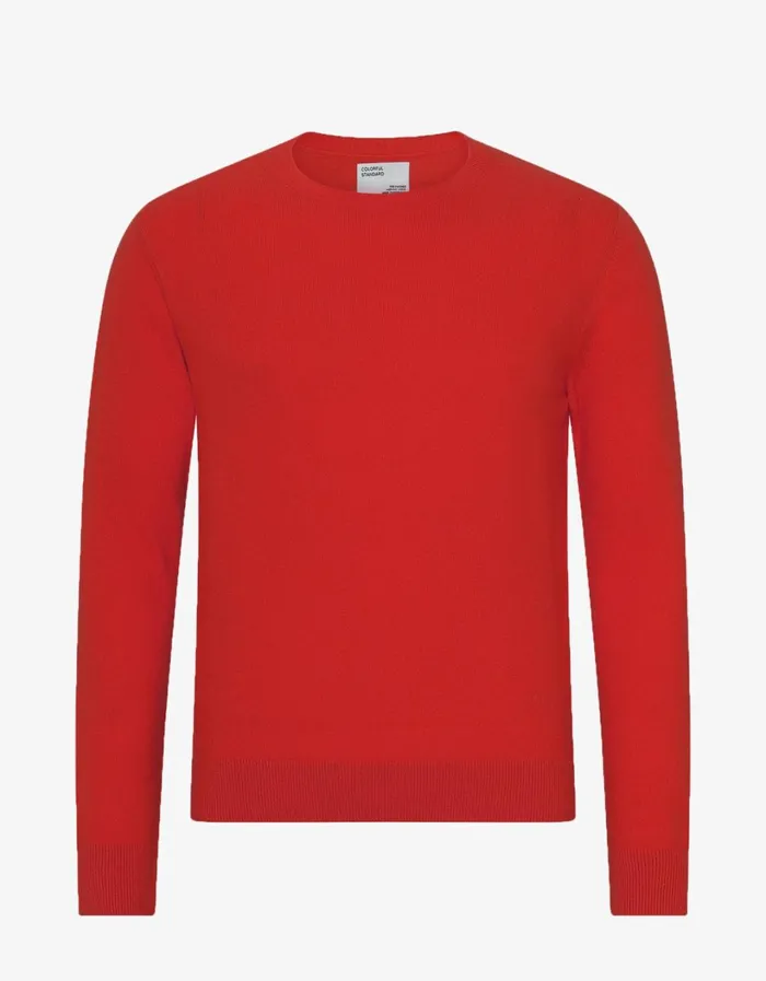 Men Light Merino Wool Crew Scarlet Red Colorful Standard Knit Sweaters
