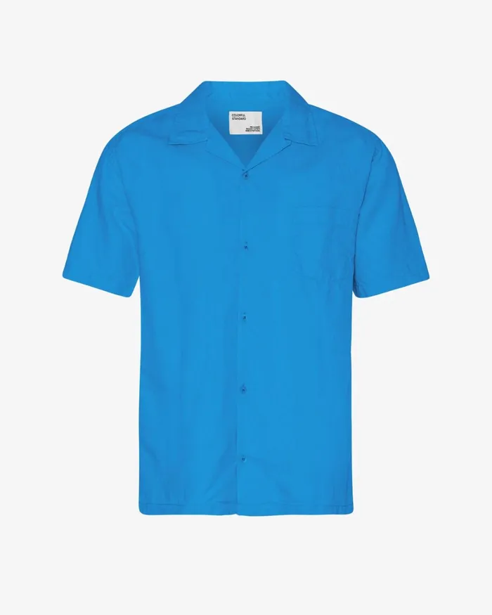 Men Linen Short Sleeved Shirt Pacific Blue Colorful Standard Shirts