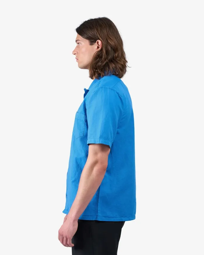 Men Linen Short Sleeved Shirt Pacific Blue Colorful Standard Shirts