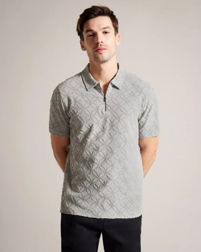 Men MAROC 8211 Short Sleeve Zip Jacquard Polo Shirt Greymarl Ted Baker Tops Men MAROC 8211 Short Sleeve Zip Jacquard Polo Shirt Greymarl Ted Baker Tops