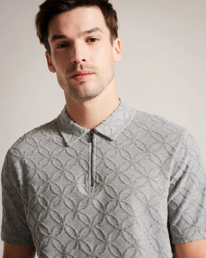 Men MAROC 8211 Short Sleeve Zip Jacquard Polo Shirt Greymarl Ted Baker Tops Men MAROC 8211 Short Sleeve Zip Jacquard Polo Shirt Greymarl Ted Baker Tops