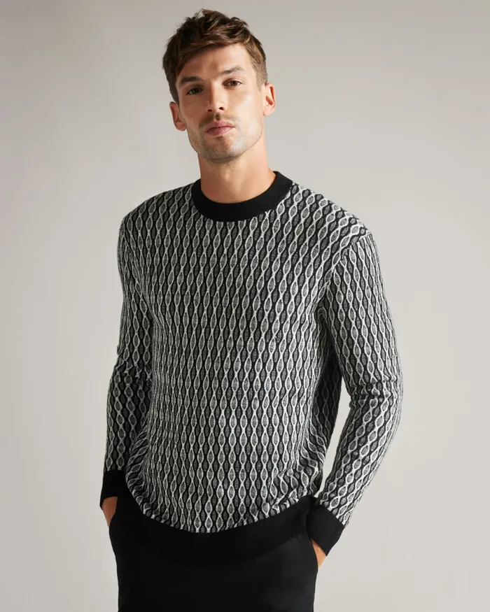 Men SCHIE 8211 Long Sleeve Jacquard Jumper Black Ted Baker Jumpers and Knitwear Men SCHIE 8211 Long Sleeve Jacquard Jumper Black Ted Baker Jumpers and Knitwear