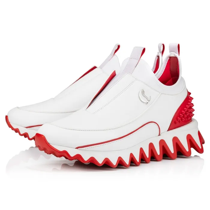 Men Sharkyloub SP Spikes Sneakers 8211 Calf Leather Neoprene And Spikes 8211 White Christian Louboutin Sneakers