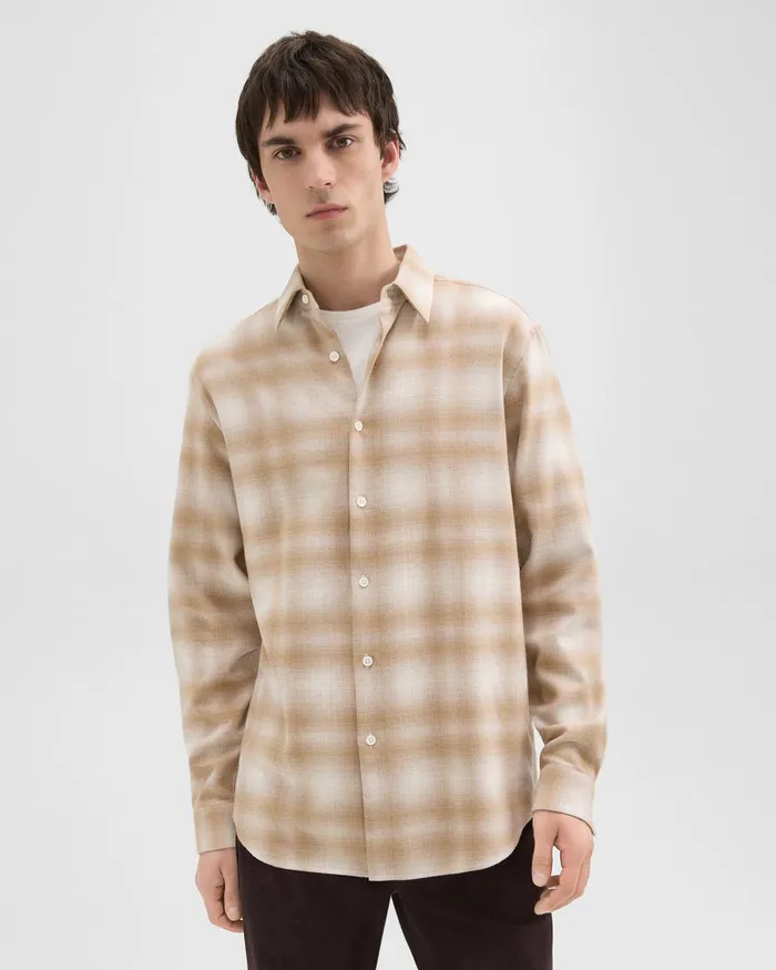 Men Shirts Theory Irving Shirt In Plaid Cotton Flannel Natural Melange