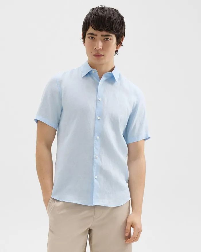 Men Shirts Theory Irving ShortSleeve Shirt In Relaxed Linen Skylight