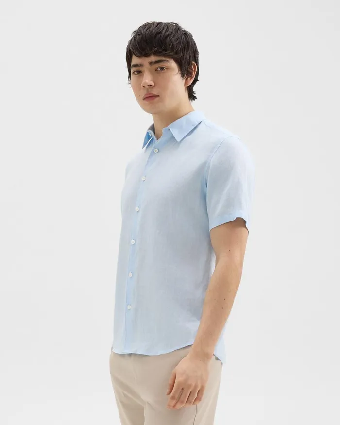 Men Shirts Theory Irving ShortSleeve Shirt In Relaxed Linen Skylight
