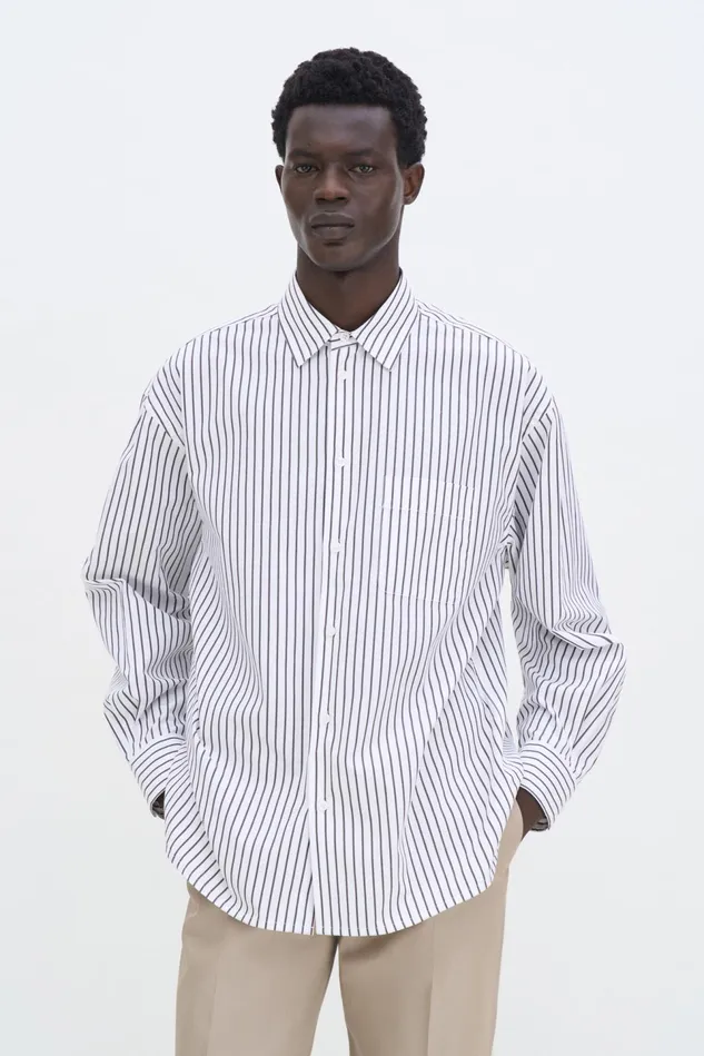 Men Striped Cotton Poplin Shirt Coffeewhite Filippa K Shirts