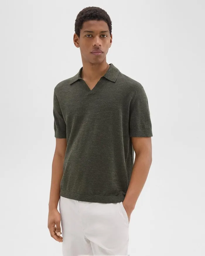 Men Sweaters Cardigans Theory Brenan Polo Shirt In CottonLinen Dark Olive