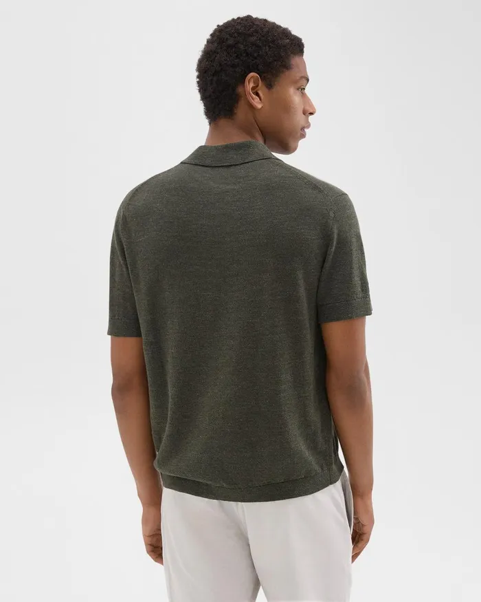 Men Sweaters Cardigans Theory Brenan Polo Shirt In CottonLinen Dark Olive
