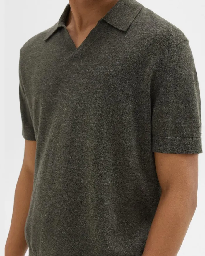 Men Sweaters Cardigans Theory Brenan Polo Shirt In CottonLinen Dark Olive