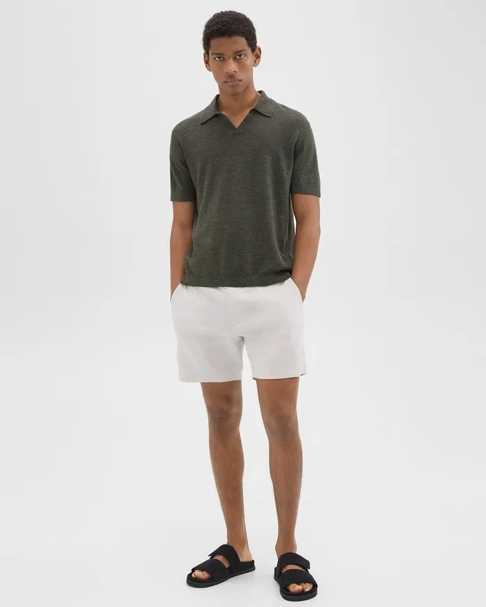 Men Sweaters Cardigans Theory Brenan Polo Shirt In CottonLinen Dark Olive
