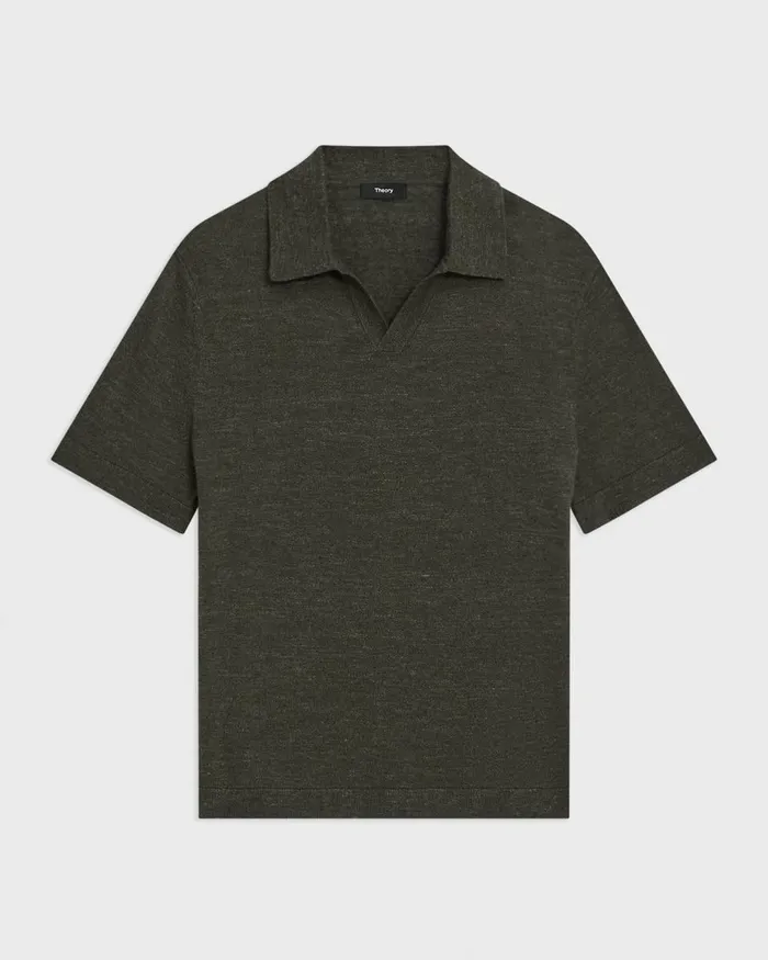 Men Sweaters Cardigans Theory Brenan Polo Shirt In CottonLinen Dark Olive