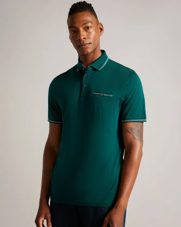 Men TORTILA 8211 Polo Shirt With Striped Details Dark Green Ted Baker Tops Men TORTILA 8211 Polo Shirt With Striped Details Dark Green Ted Baker Tops