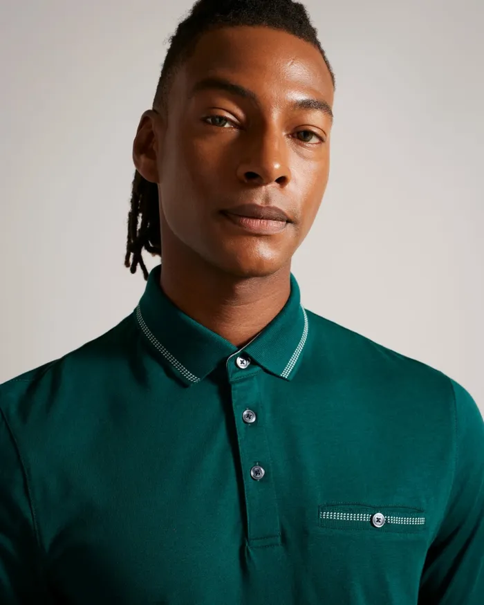 Men TORTILA 8211 Polo Shirt With Striped Details Dark Green Ted Baker Tops Men TORTILA 8211 Polo Shirt With Striped Details Dark Green Ted Baker Tops