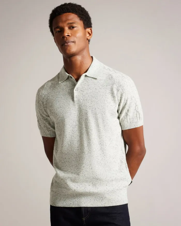 Men USTEE 8211 Marled Polo Shirt With Cable Knit Ecru Ted Baker Jumpers and Knitwear Men USTEE 8211 Marled Polo Shirt With Cable Knit Ecru Ted Baker Jumpers and Knitwear
