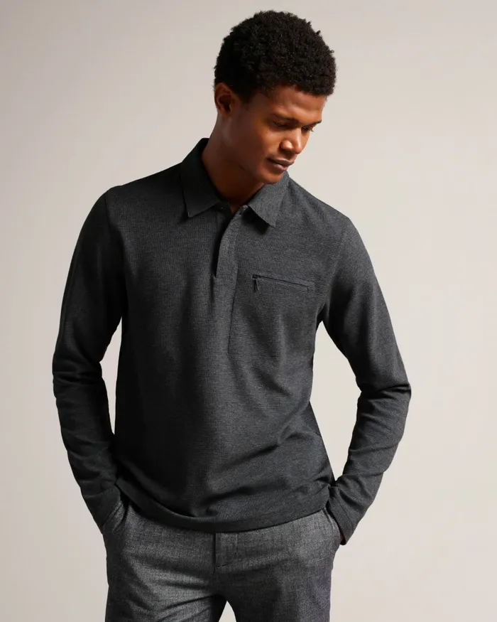 Men WAVELO 8211 Long Sleeve Regular Fit Polo Shirt Greymarl Ted Baker Polo Shirts