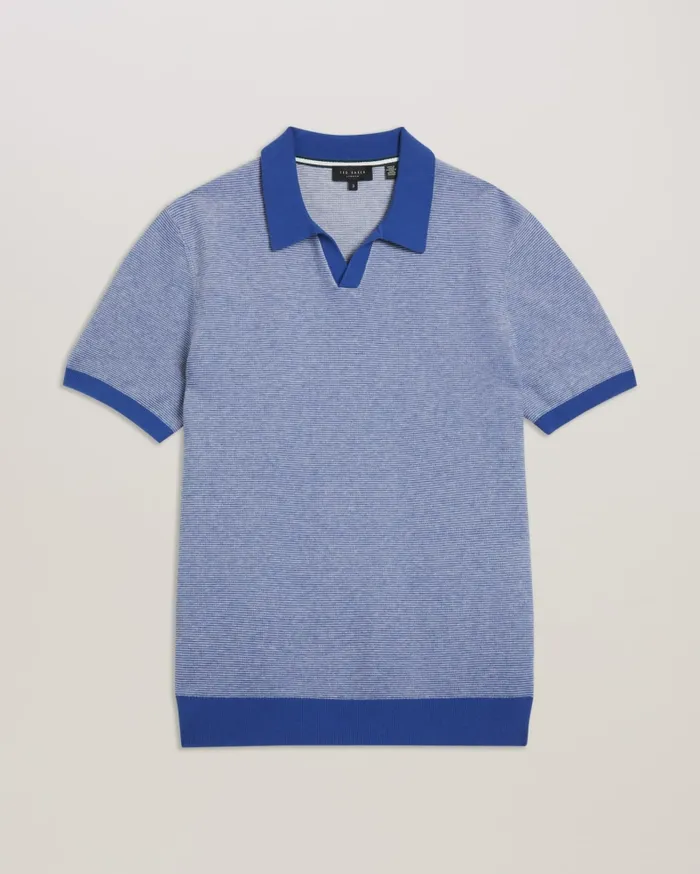 Men WULDER 8211 Open Neck Knitted Polo Shirt Sky Blue Ted Baker Jumpers and Knitwear