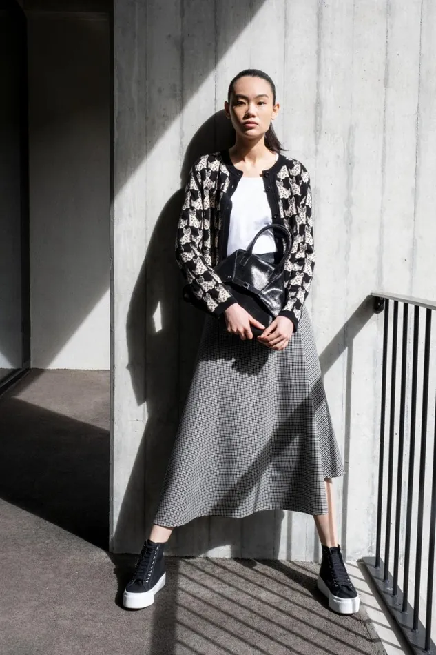 Microcheck Wool Asymmetrical Midi Skirt Blackecru Women Akris Skirts