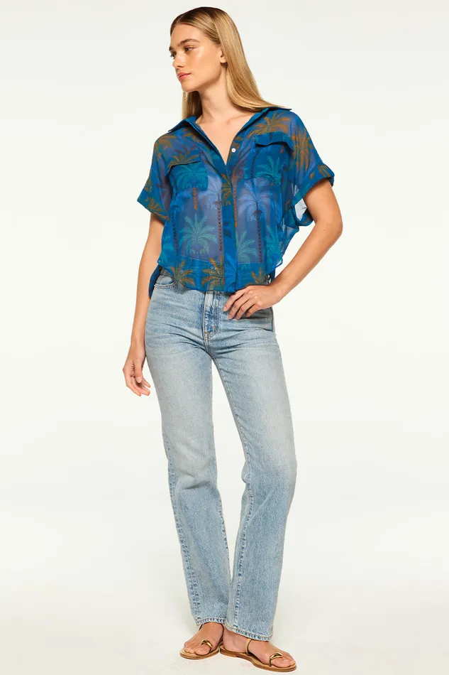 Misa Los Angeles Erin Top Cobalt Palms Chiffon Women Tops