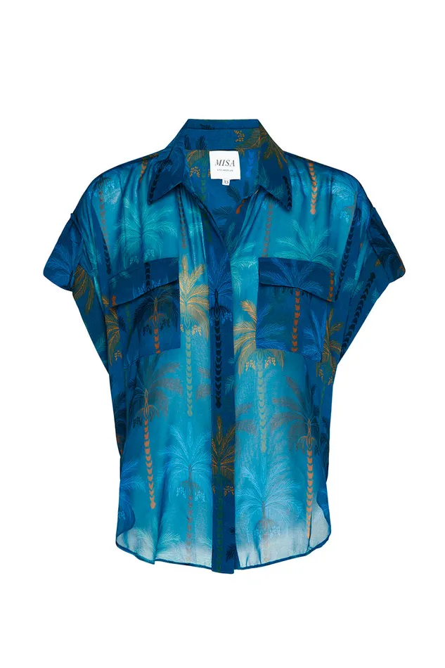 Misa Los Angeles Erin Top Cobalt Palms Chiffon Women Tops
