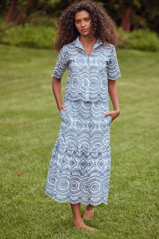 Misa Los Angeles Itzel Skirt Blue Embroidered Eyelet Women Matching Sets