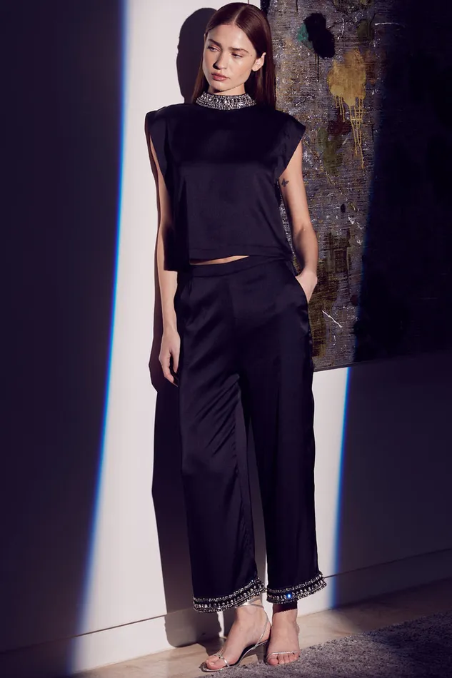 Misa Los Angeles Leia Pant Black Satin Women Matching Sets