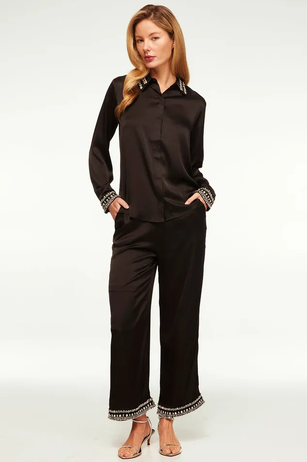 Misa Los Angeles Leia Pant Black Satin Women Matching Sets