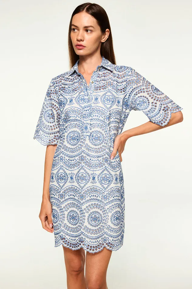 Misa Los Angeles Lucia Dress Blue Embroidered Eyelet Women Dresses
