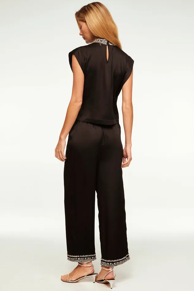 Misa Los Angeles Riley Top Black Satin Women Matching Sets