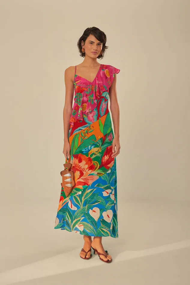 Mixed Flowery Rufle One Strap Midi Dress Women Farm Rio Midi Dresses