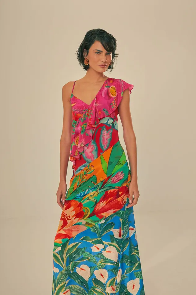 Mixed Flowery Rufle One Strap Midi Dress Women Farm Rio Midi Dresses