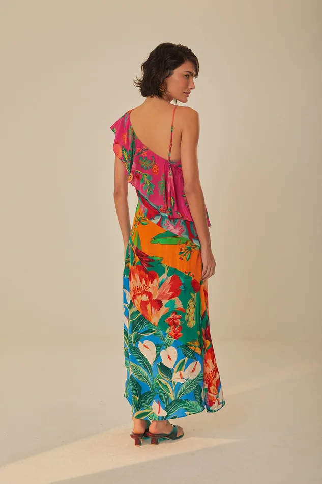 Mixed Flowery Rufle One Strap Midi Dress Women Farm Rio Midi Dresses