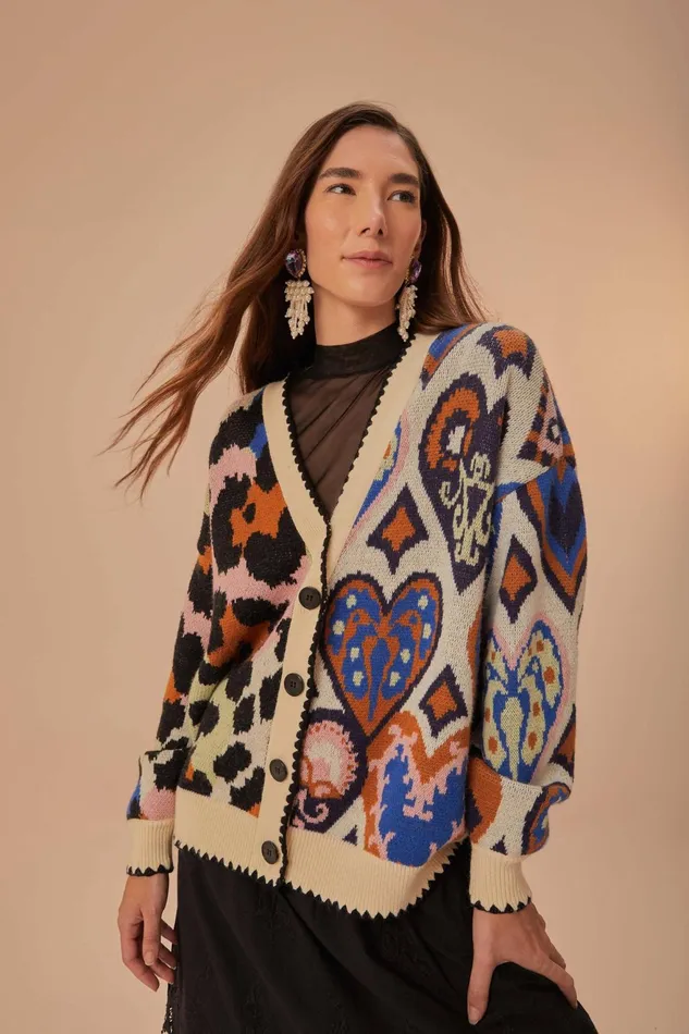 Mixed Ikat Hearts Knit Cardigan Women Farm Rio Cardigans
