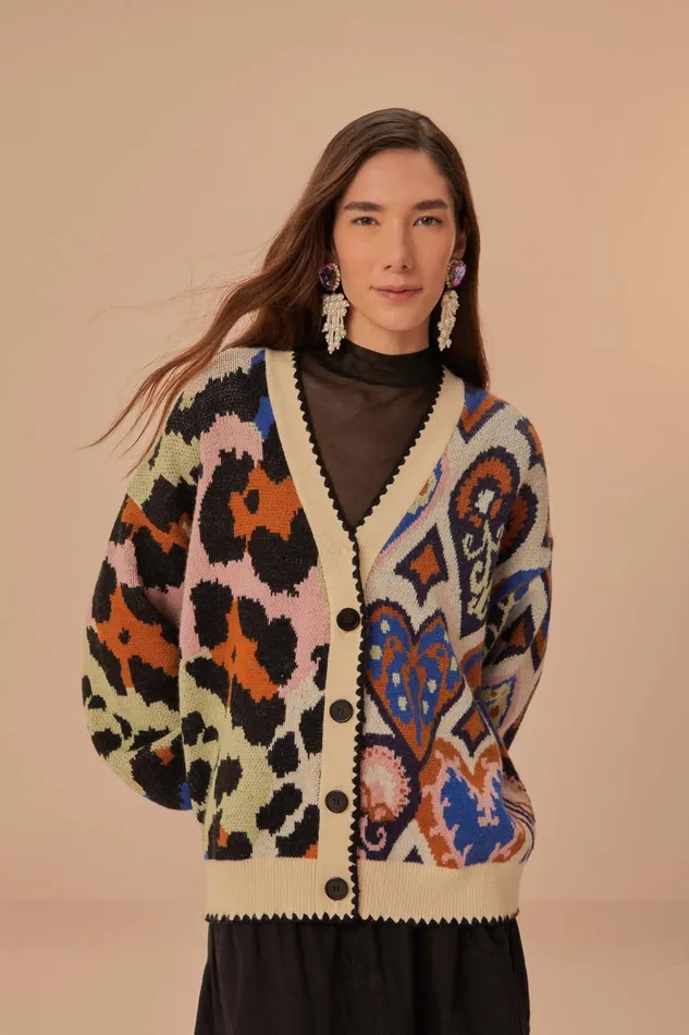 Mixed Ikat Hearts Knit Cardigan Women Farm Rio Cardigans