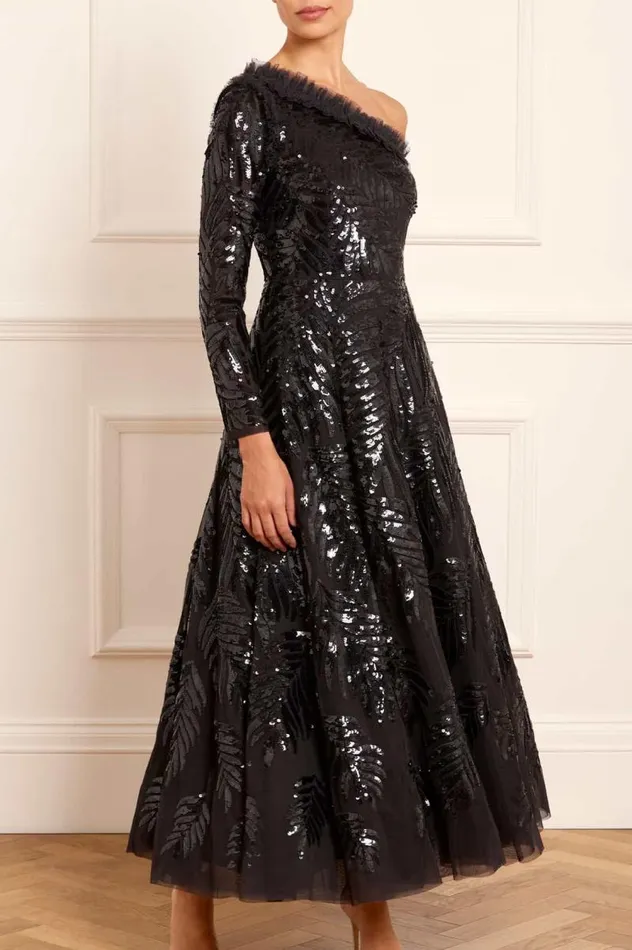 Needle and Thread Dresses Feather Sequin OneShoulder Ankle Gown Black 8211 Women