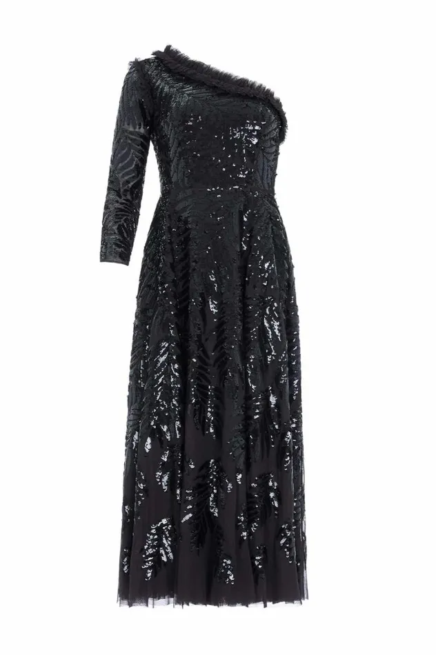 Needle and Thread Dresses Feather Sequin OneShoulder Ankle Gown Black 8211 Women